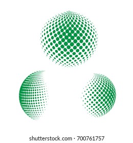 Set of abstract round 3d green sphere. Dotted spot vector design elements. Scientific and technical frame illustration. Objects isolated on a white background. Perfect for Logo, Banner, Icon.
