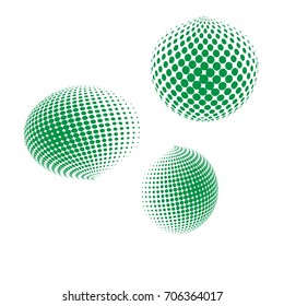 Set of abstract round 3d green sphere. Dotted spot vector design elements. Scientific and technical frame illustration. Objects isolated on a white background. Perfect for Logo, Banner, Icon.