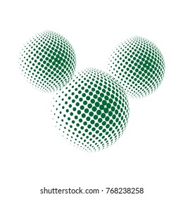 Set of abstract round 3d green sphere. Dotted spot vector design elements. Scientific and technical frame illustration. Objects isolated on a white background. Perfect for Logo, Banner, Icon.