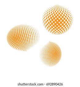 Set of abstract round 3d orange sphere. Dotted spot vector design elements. Scientific and technical frame illustration. Objects isolated on a white background. Perfect for Logo, Banner, Icon.