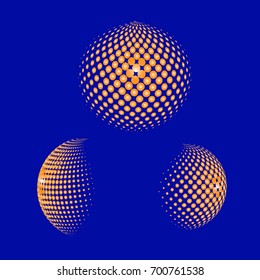 Set of abstract round 3d orange in blue background sphere. Dotted spot vector design elements. Scientific and technical frame illustration. Perfect for Logo, Banner, Icon.