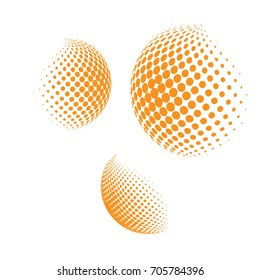 Set of abstract round 3d orange sphere. Dotted spot vector design elements. Scientific and technical frame illustration. Objects isolated on a white background. Perfect for Logo, Banner, Icon.
