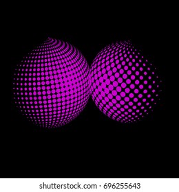 Set of abstract round 3d pink sphere.  Dotted spot vector design elements. Scientific and technical frame illustration. Objects isolated on a white background. Perfect for Logo, Banner, Icon. 