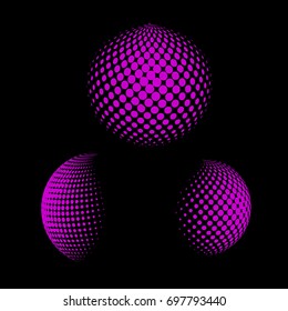 Set of abstract round 3d pink sphere. Dotted spot vector design elements. Scientific and technical frame illustration. Objects isolated on a white background. Perfect for Logo, Banner, Icon.