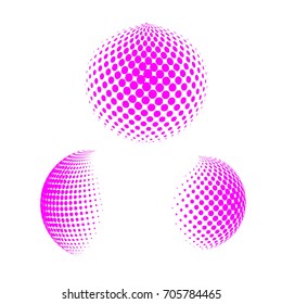 Set of abstract round 3d pink sphere. Dotted spot vector design elements. Scientific and technical frame illustration. Objects isolated on a white background. Perfect for Logo, Banner, Icon.