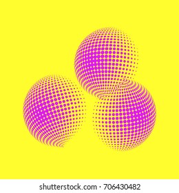 Set of abstract round 3d pink sphere. Dotted spot vector design elements. Scientific and technical frame illustration. Objects isolated on a yellow background. Perfect for Logo, Banner, Icon.