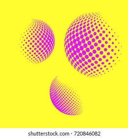 Set of abstract round 3d pink sphere. Dotted spot vector design elements. Scientific and technical frame illustration. Objects isolated on a yellow background. Perfect for Logo, Banner, Icon.