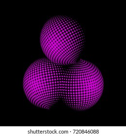 Set of abstract round 3d pink sphere. Dotted spot vector design elements. Scientific and technical frame illustration. Objects isolated on a dark background. Perfect for Logo, Banner, Icon.