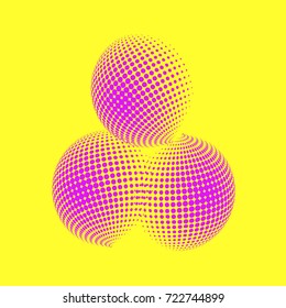 Set of abstract round 3d pink sphere. Dotted spot vector design elements. Scientific and technical frame illustration. Objects isolated on a yellow background. Perfect for Logo, Banner, Icon.