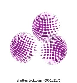 Set of abstract round 3d purple sphere. Dotted spot vector design elements. Scientific and technical frame illustration. Objects isolated on a white background. Perfect for Logo, Banner, Icon.