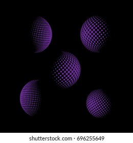 Set of abstract round 3d Purple sphere. Dotted spot vector design elements. Scientific and technical frame illustration. Objects isolated on a white background. Perfect for Logo, Banner, Icon.
