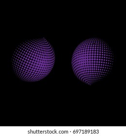 Set of abstract round 3d purple sphere. Dotted spot vector design elements. Scientific and technical frame illustration. Objects isolated on a white background. Perfect for Logo, Banner, Icon.