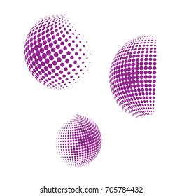 Set of abstract round 3d purple sphere. Dotted spot vector design elements. Scientific and technical frame illustration. Objects isolated on a white background. Perfect for Logo, Banner, Icon.