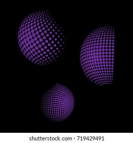 Set of abstract round 3d purple sphere. Dotted spot vector design elements. Scientific and technical frame illustration. Objects isolated on a dark background. Perfect for Logo, Banner, Icon.