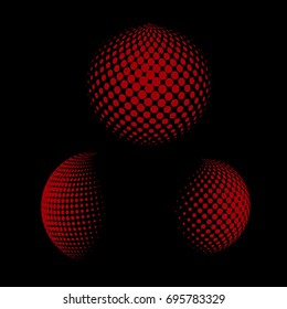 Set of abstract round 3d red sphere. Dotted spot vector design elements. Scientific and technical frame illustration. Objects isolated on a white background. Perfect for Logo, Banner, Icon.