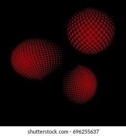 Set of abstract round 3d red sphere.  Dotted spot vector design elements. Scientific and technical frame illustration. Objects isolated on a white background. Perfect for Logo, Banner, Icon.