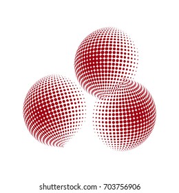 Set of abstract round 3d red sphere. Dotted spot vector design elements. Scientific and technical frame illustration. Objects isolated on a white background. Perfect for Logo, Banner, Icon.