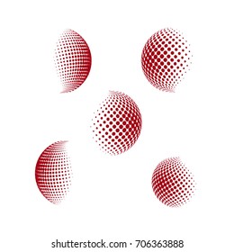 Set of abstract round 3d red sphere. Dotted spot vector design elements. Scientific and technical frame illustration. Objects isolated on a white background. Perfect for Logo, Banner, Icon.