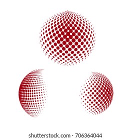 Set of abstract round 3d red sphere. Dotted spot vector design elements. Scientific and technical frame illustration. Objects isolated on a white background. Perfect for Logo, Banner, Icon.