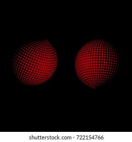 Set of abstract round 3d red sphere. Dotted spot vector design elements. Scientific and technical frame illustration. Objects isolated on a dark background. Perfect for Logo, Banner, Icon.