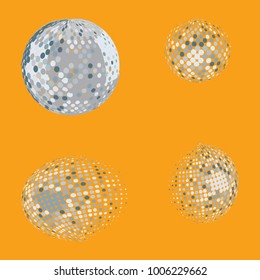 Set of abstract round 3d sliver sphere. Dotted spot vector design elements. Scientific and technical frame illustration. Objects isolated on a orange background. Perfect for Logo, Banner, Icon.