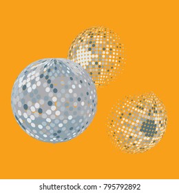 Set of abstract round 3d sliver sphere. Dotted spot vector design elements. Scientific and technical frame illustration. Objects isolated on a orange background. Perfect for Logo, Banner, Icon.