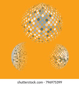 Set of abstract round 3d sliver sphere. Dotted spot vector design elements. Scientific and technical frame illustration. Objects isolated on a orange background. Perfect for Logo, Banner, Icon.