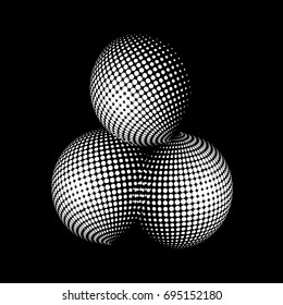 Set of abstract round 3d white sphere. Dotted spot vector design elements. Scientific and technical frame illustration. Objects isolated on a dark
 background. Perfect for Logo, Banner, Icon.