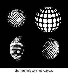 Set of abstract round 3d white sphere. Dotted spot vector design elements. Scientific and technical frame illustration. Objects isolated on a white background. Perfect for Logo, Banner, Icon.