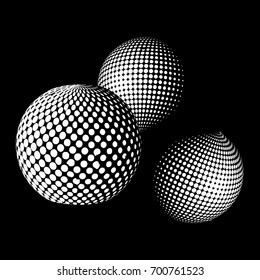 Set of abstract round 3d white sphere. Dotted spot vector design elements. Scientific and technical frame illustration. Objects isolated on a white background. Perfect for Logo, Banner, Icon.