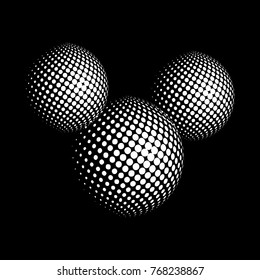 Set of abstract round 3d white sphere. Dotted spot vector design elements. Scientific and technical frame illustration. Objects isolated on a dark background. Perfect for Logo, Banner, Icon.