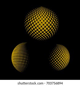 Set of abstract round 3d yellow sphere. Dotted spot vector design elements. Scientific and technical frame illustration. Objects isolated on a dark background. Perfect for Logo, Banner, Icon.