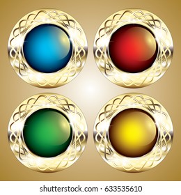 Set of abstract round backgrounds with a golden frame, with space for your text. Vector illustration.