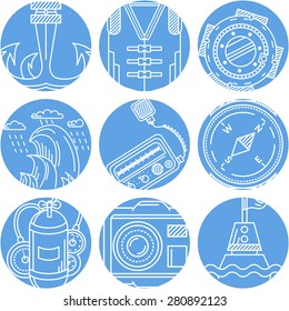 Set of abstract round blue vector icons with white line marine elements and objects on white background.