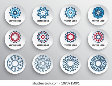 Set of abstract round color logo symbols in white circle.