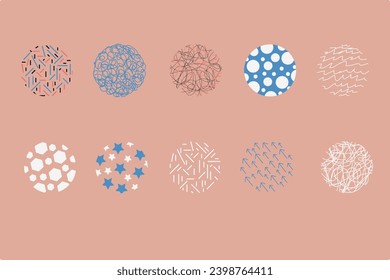 Set of abstract round colorful patterns. Circles, doodle, lines, curves, arrows. Isolated vector template for logo, poster, social media, web page. Geometric background. Trendy vector illustration