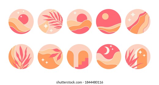 Set of abstract round icons for highlight covers. Backgrounds for social media stories in a minimalist mid century style. Abstract mountain landscapes in arches, sun, moon, stars in pink, sand colors.