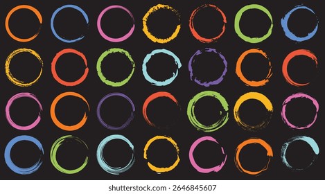 Set of abstract round ink circles in colorful and black brush styles, perfect for grunge designs, logos, artistic accents, or digital stamps.