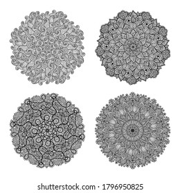Set of abstract round mandalas. Graphic template for your design. Decorative retro ornament background. Isolated vector illustration. Invitation element, tattoo, alchemy, boho and magic symbol.