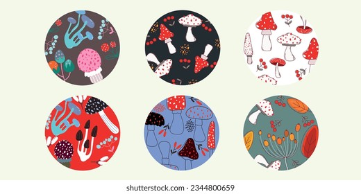 Set of abstract round pattern with cute cartoon mushrooms. Shape, spots, dots, lines. Modern fashion vector illustration. Posters, icon templates for social networks