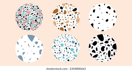 Set of abstract round pattern with terrazzo flooring. Shape, spots, dots. Modern fashion vector illustration. Posters, icon templates for social networks