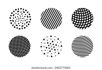 Set of abstract round patterns or backgrounds. Hand drawn vector geometric shapes, spots and curves lines. Trendy decoration elements for poster, social media, icon and banner. Vector illustration