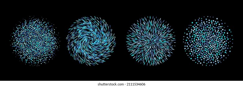 set of abstract round patterns. shapes from dots, drops, stars and lines. fireworks and salutes concept. vector illustration isolated on black background
