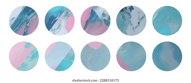 Set of abstract round stickers with blue and pink marble textures. Collection aesthetic ig highlight stories covers backgrounds. Artificial marbling decor. Design for beauty shop, makeup, cosmetics.