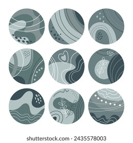 Set of abstract round web icons with line and dot patterns, flowers. Stickers, icons. Design for the Internet. Vector	

