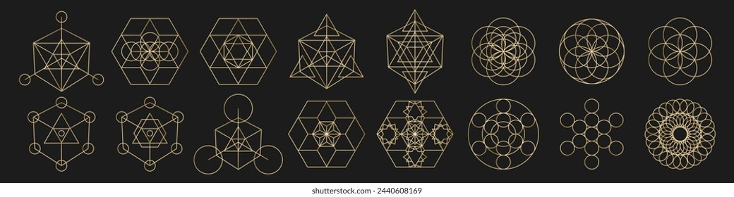 Conjunto de símbolos abstractos de geometría sagrada. Colección de símbolos mágicos sobre fondo aislado. Vector EPS 10