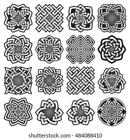Set of abstract sacred geometry symbols in Celtic knots style. Tribal tattoo signs collection.
