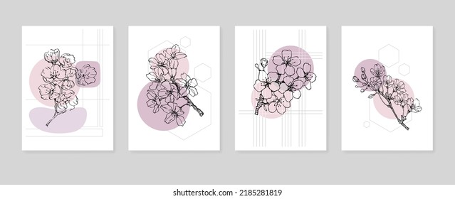 Set von abstrakten Sakura handgemalten Illustrationen für die Wanddekoration, minimalistische Blume im Skizzenstil. Postkarte, Social Media Banner, Broschüre Cover Design Hintergrund. Moderne abstrakte Malerei