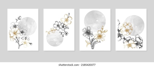 Set von abstrakten Sakura handgemalten Illustrationen für die Wanddekoration, minimalistische Blume im Skizzenstil. Postkarte, Social Media Banner, Broschüre Cover Design Hintergrund. Modernes Abstraktes Kunstwerk.