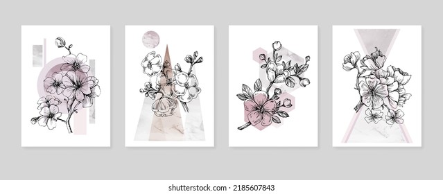 Set of Abstract Sakura Hand Painted Illustrations for Wall Decoration, minimalist flower in sketch style. Postcard, Social Media Banner, Brochure Cover Design Background. Modern Abstract Artwork.